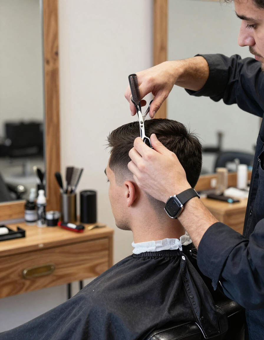 Estilista aplicando un corte de pelo masculino con tijeras y peine