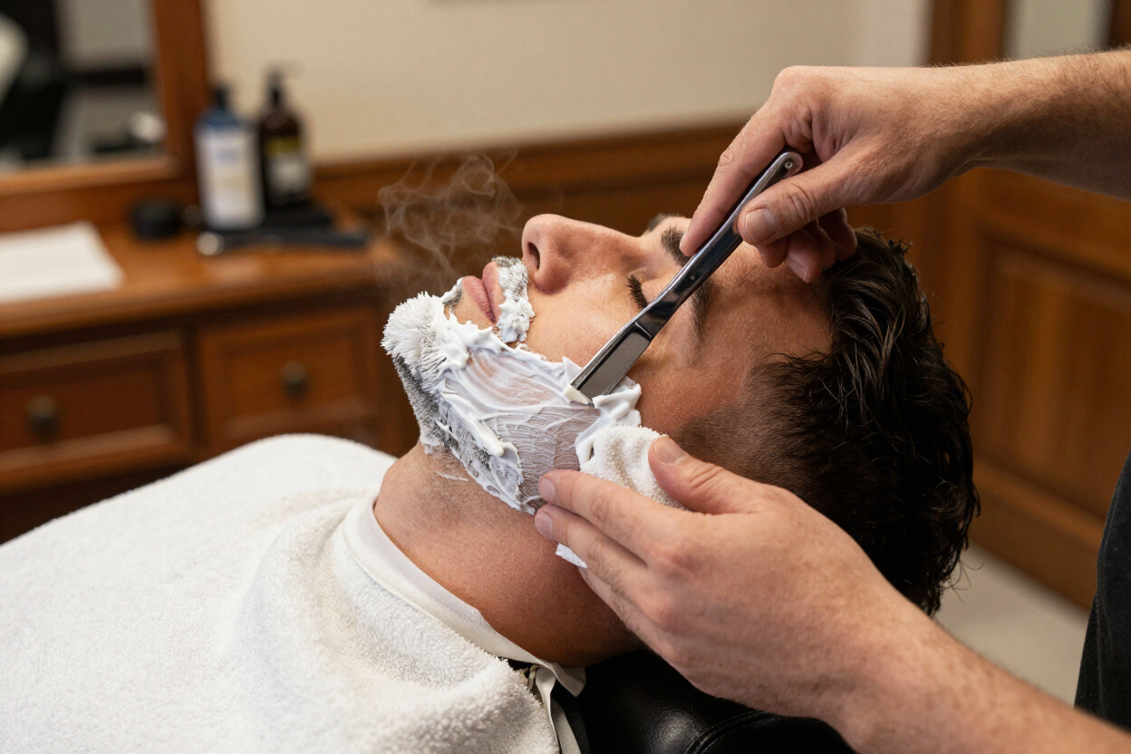 Afeitado con navaja y toalla caliente en la barbería de Málaga