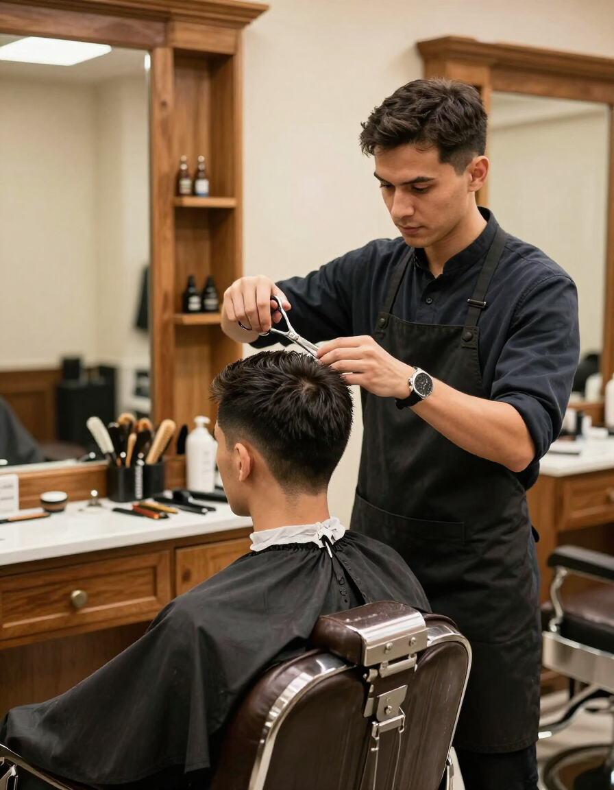 Barbero profesional cortando el pelo a un hombre en la barbería de Málaga