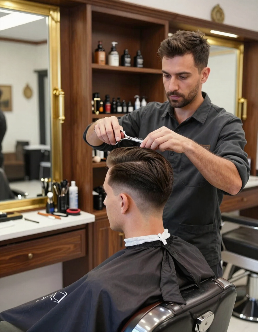 Estilista realizando un corte clásico de caballero en Málaga
