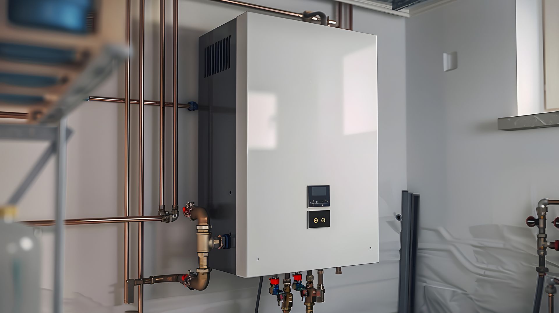 Chauffe-eau instantané moderne installé dans un sous-sol