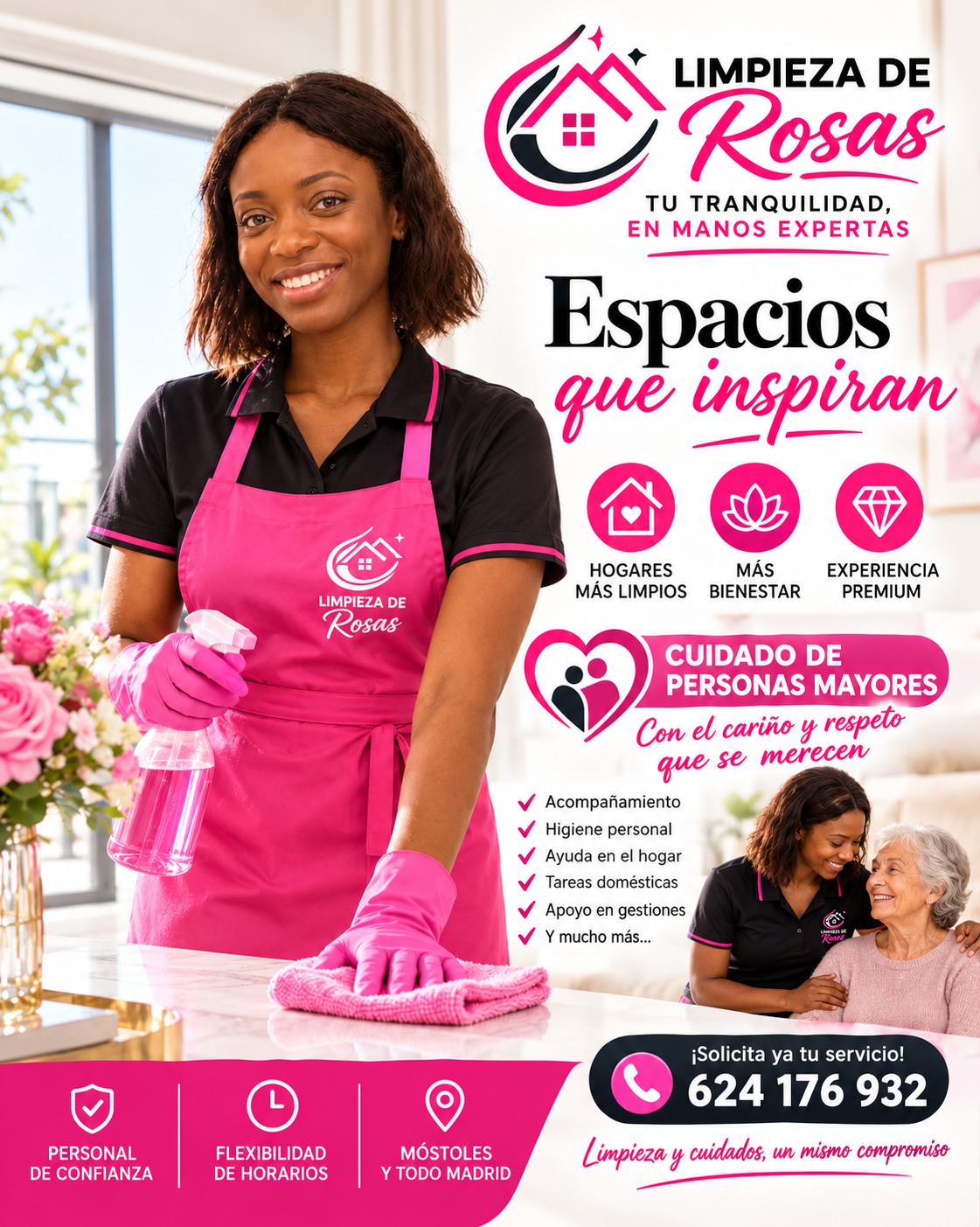 Tres personas con delantales rosas están de pie en las escaleras de un edificio, sonriendo a la cámara.
