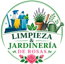 Logo de limpieza y jardiner&iacute;a de rosas con herramientas azules, guantes amarillos y flores rosas.