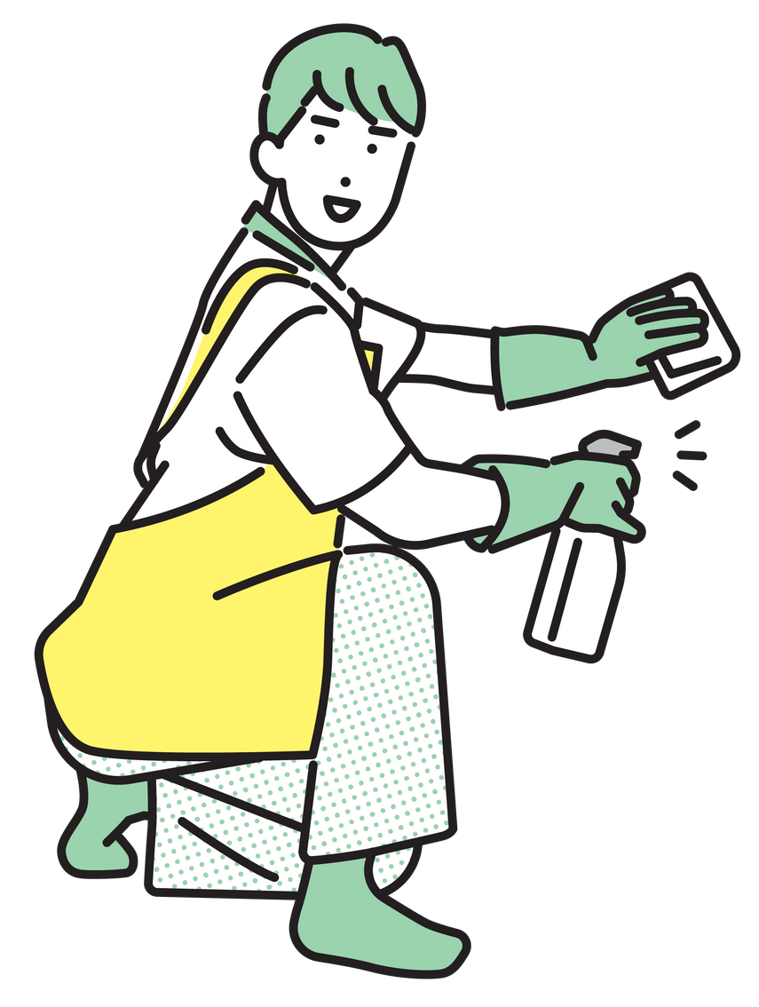 Illustration d'un agent de nettoyage qui nettoit une surface en utilisant un chiffon et un spray.