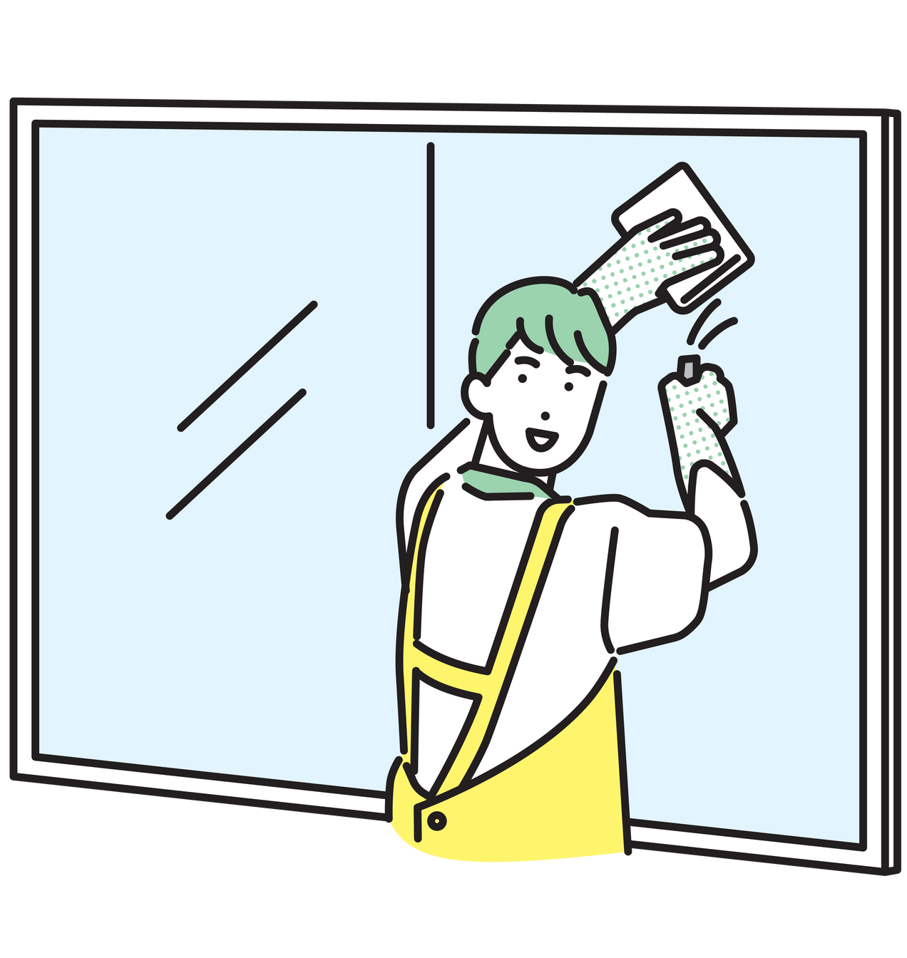 Illustration d'une personne qui nettoie une vitre avec un chiffon et du produit.