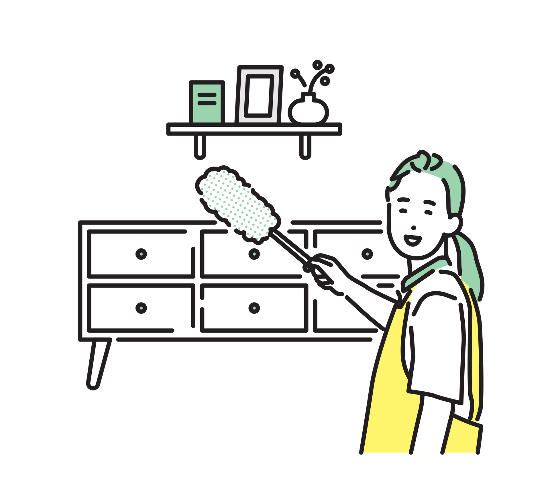 Illustration d'une femme de ménage qui dépoussière un meuble à l'aide d'un plumeau.