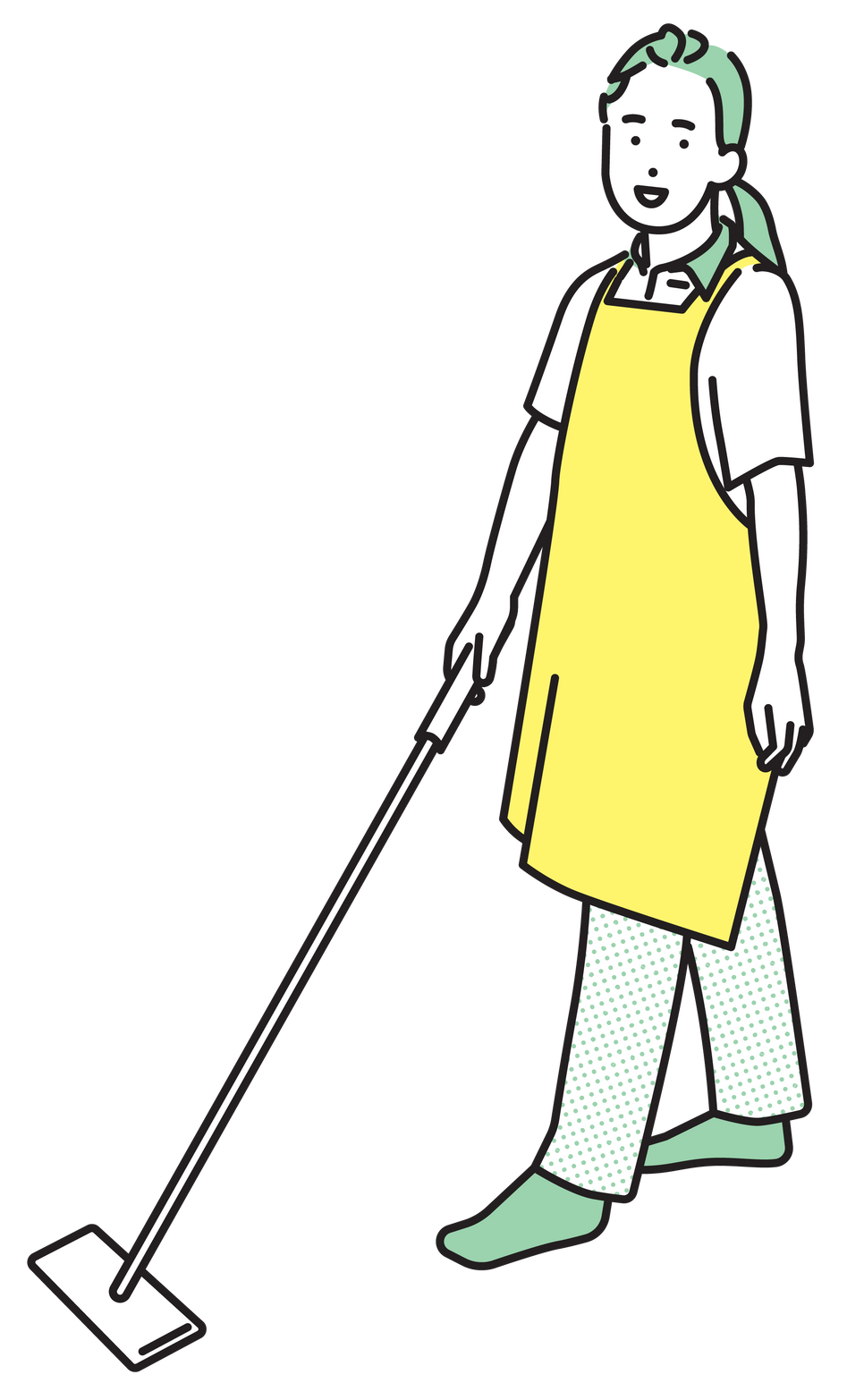 Illustration d'une femme de ménage qui utilise un balai de lavage à plat pour le sol.
