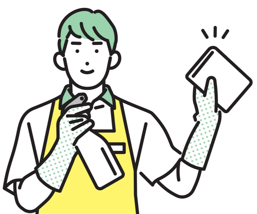 Illustration d'un agent de nettoyage tenant un spray dans une main et un chiffon dans l'autre.