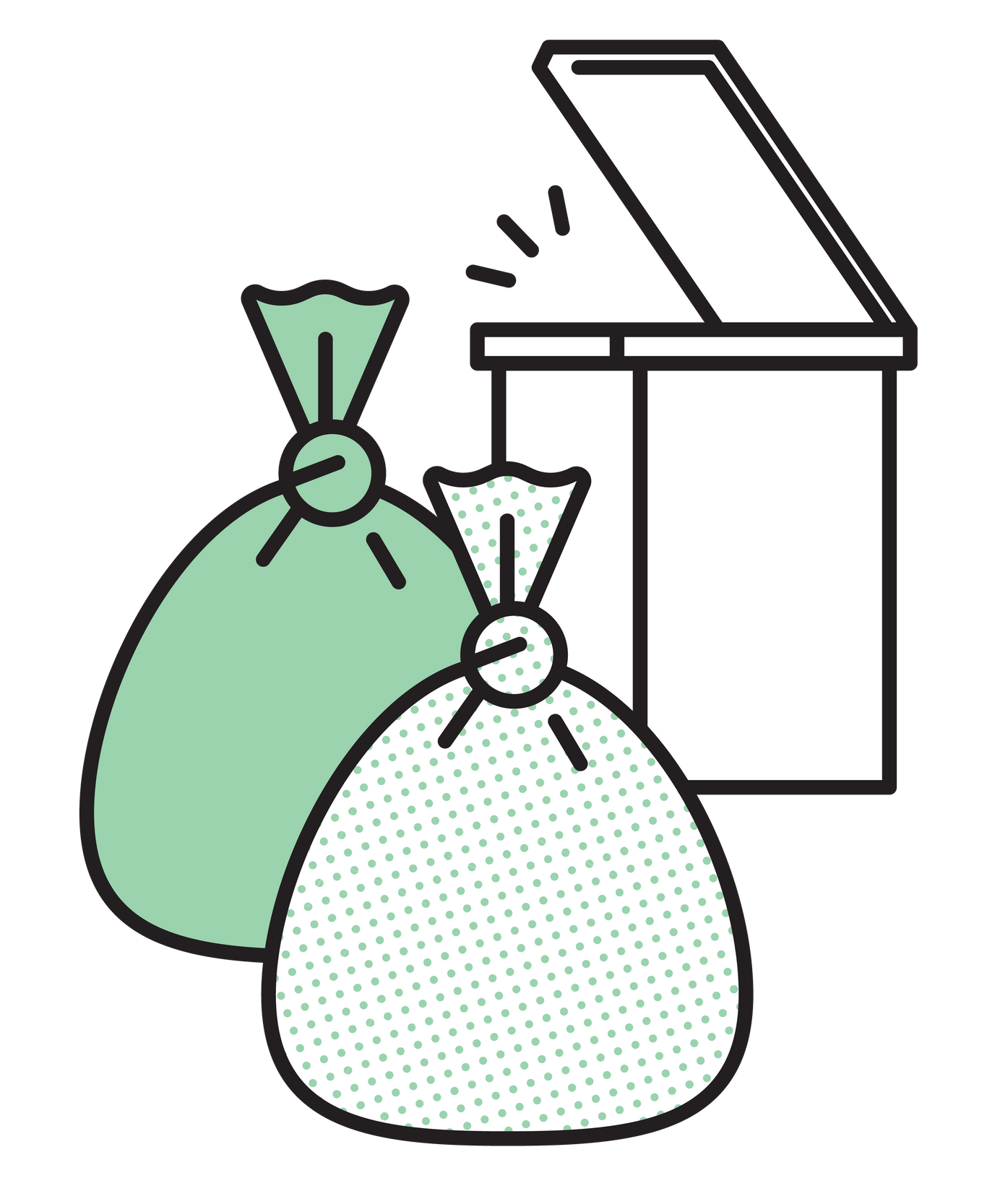 Illustration de sacs d'ordures devant une poubelle ouverte.