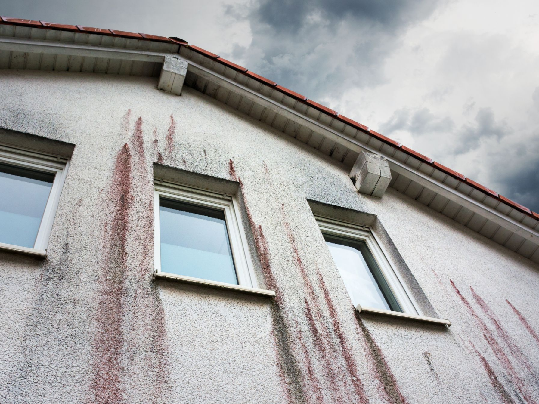 Une façade non entretenue avec des traces de pollution et d'algues.