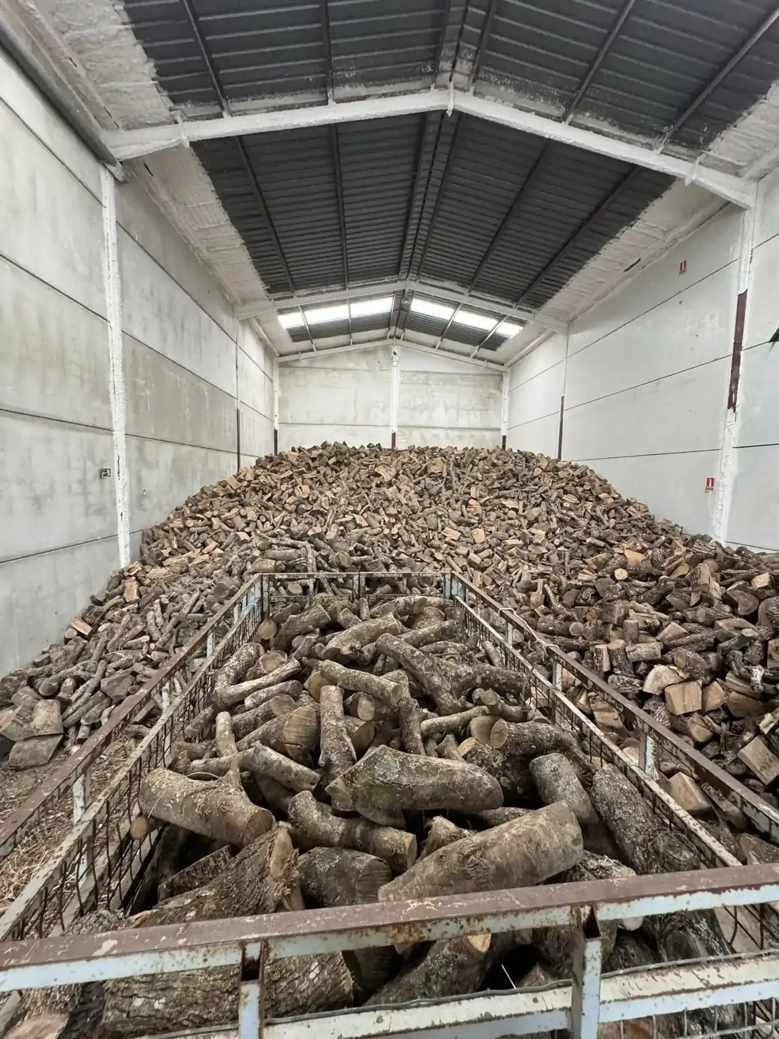 Montón de troncos almacenado dentro de un gran edificio con techo alto.