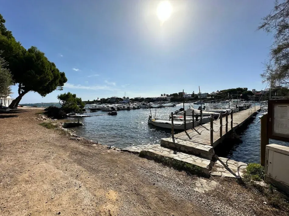 Un puerto deportivo soleado con barcos atracados, un muelle de madera y una costa rocosa bajo un cielo brillante.
