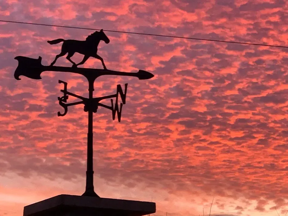 Veleta con forma de caballo recortada contra un cielo de puesta de sol rojo anaranjado