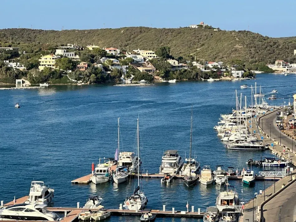 Puerto con barcos atracados a lo largo de un muelle curvo junto a aguas azules y un pueblo en la ladera de una colina.