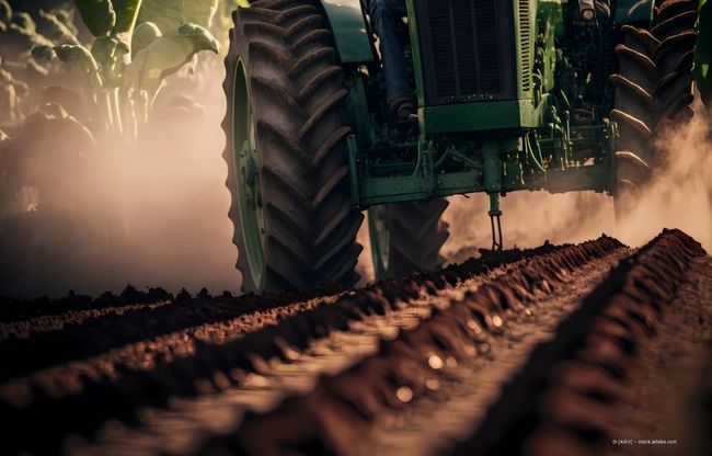 Ein Traktor fährt durch ein staubiges Feld, seine großen Reifen wühlen die Erde im warmen Sonnenlicht auf.