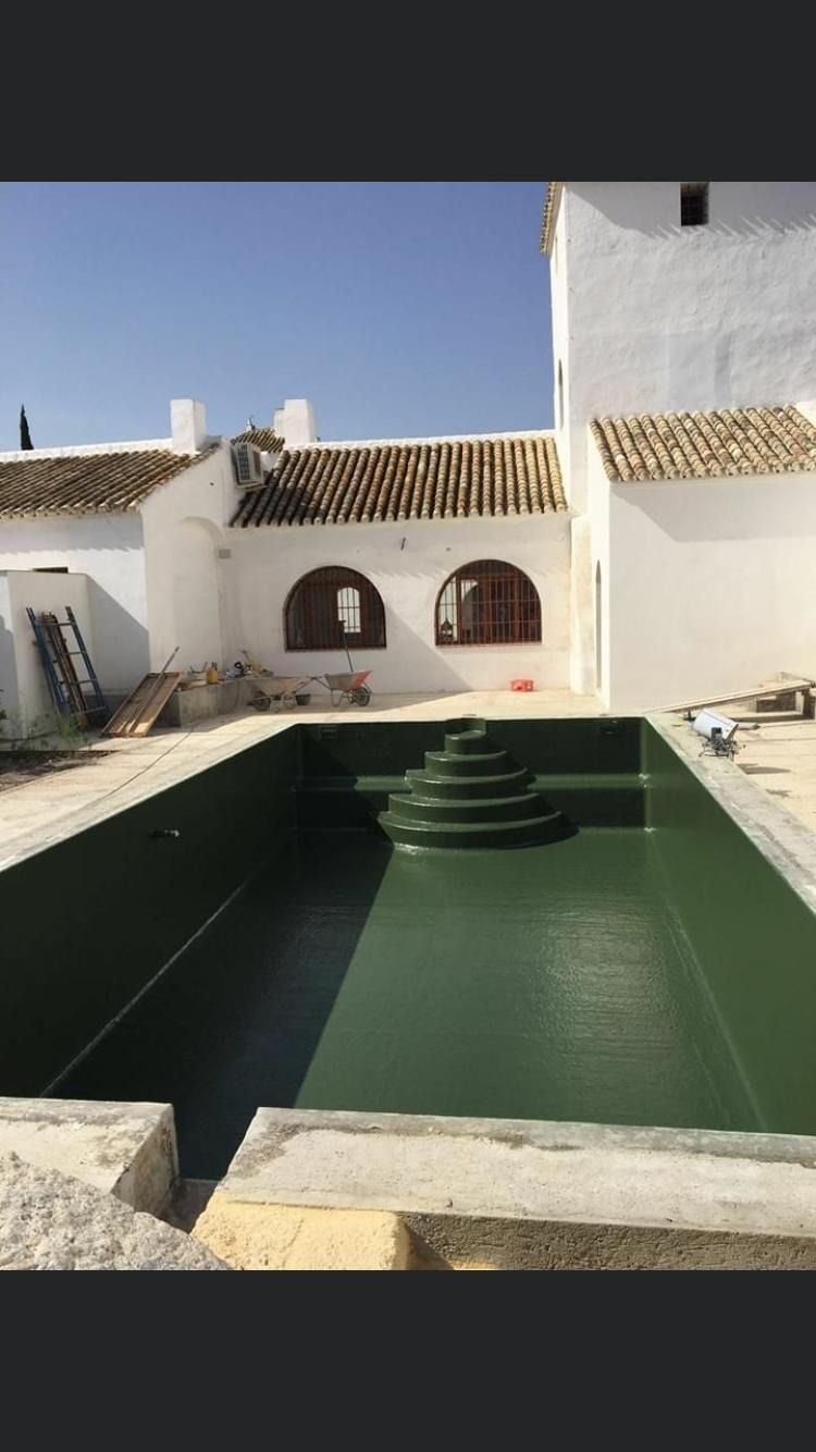 Una gran piscina verde está frente a un edificio blanco.