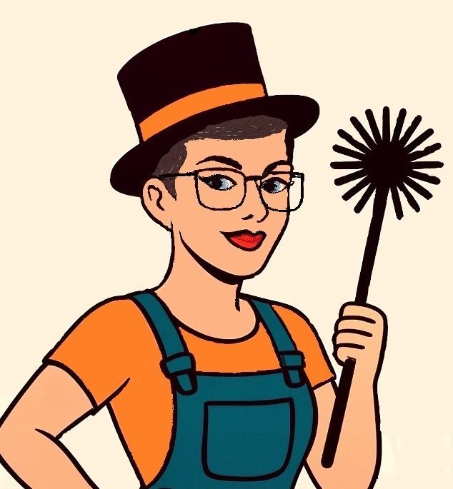 Femme portant un haut-de-forme et une salopette, tenant une brosse de cheminée ; souriante, lunettes.