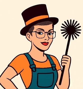 Femme en haut-de-forme, lunettes et salopette tenant une brosse de ramoneur ; touches d'orange et de bleu.