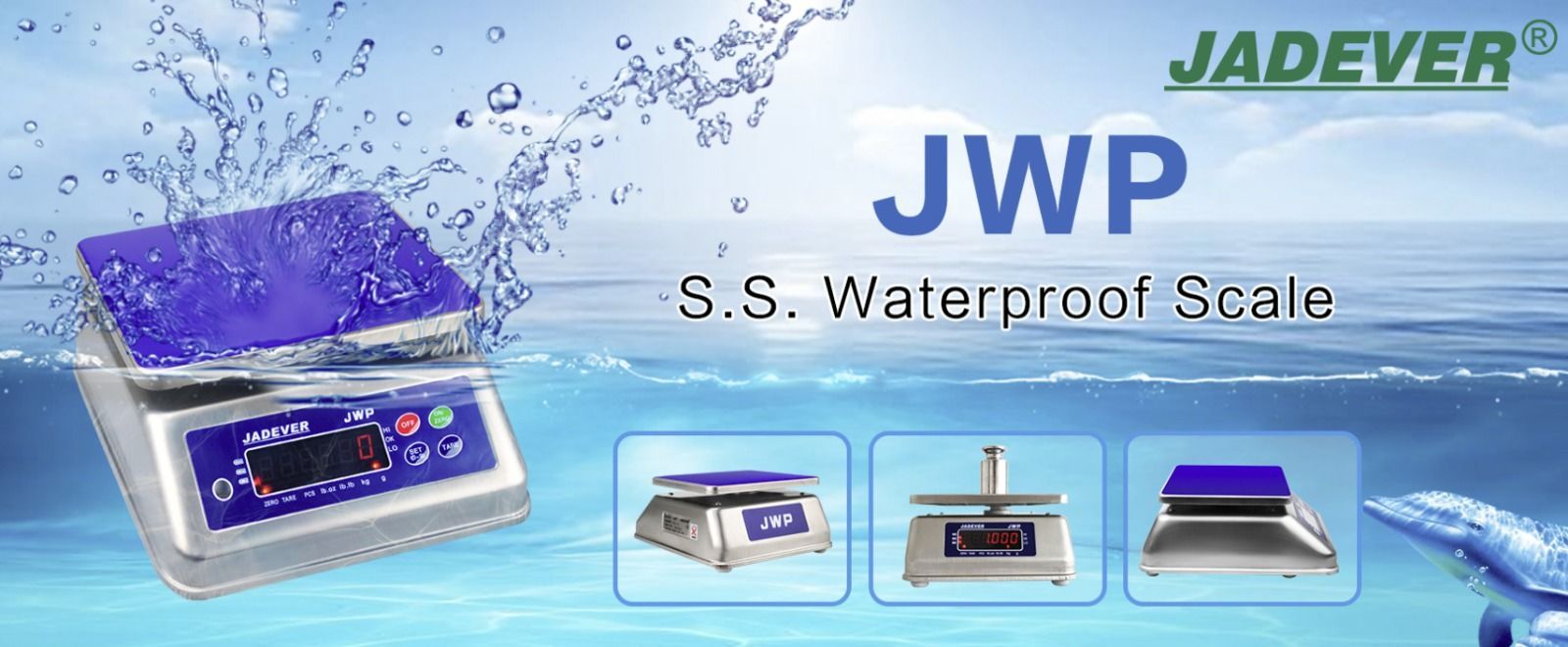 Una báscula digital sumergida. Es un modelo JWP, "SS Waterproof Scale". El fondo es azul con salpicaduras de agua.