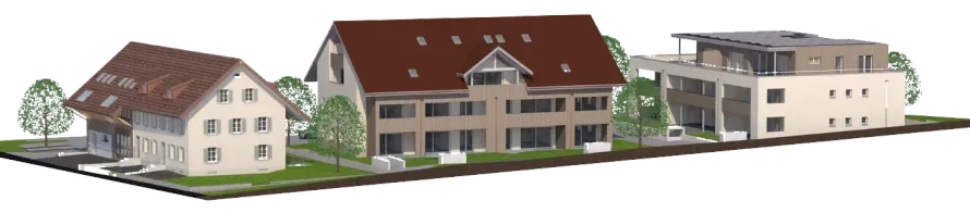 Drei Häuser unterschiedlichen Stils nebeneinander; ein traditionelles Dach, ein modernes Flachdach und eines in der Mitte.