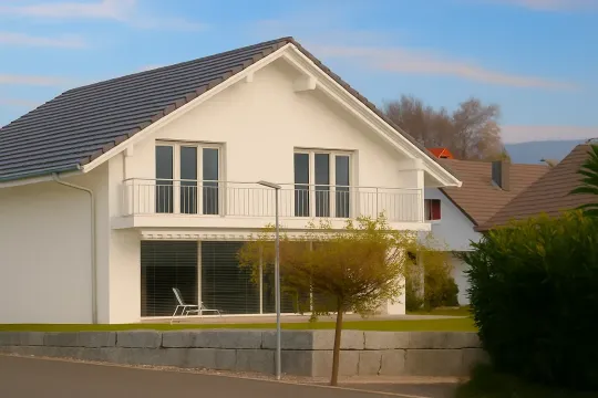 Weißes zweistöckiges Haus mit dunkelgrauem Dach, Balkon und großen Fenstern vor blauem Himmel.