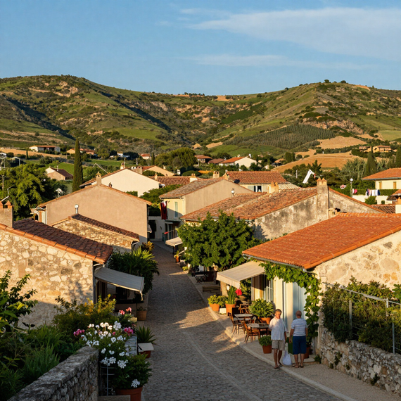Rue pavée d'un village, bordée de maisons en pierre aux toits rouges, se détachant sur des collines verdoyantes au coucher du soleil.