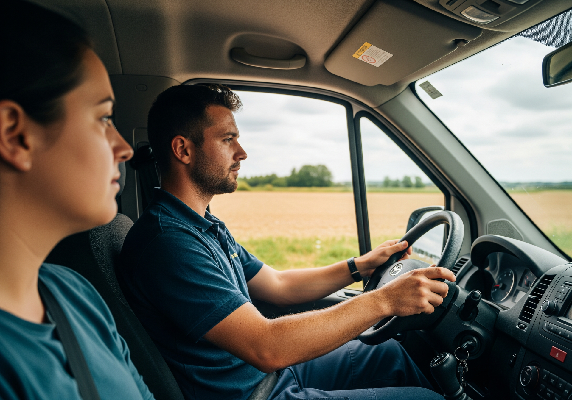 Deux personnes voyagent dans une camionnette, le conducteur étant concentré sur la route et les champs qui défilent par la fenêtre.