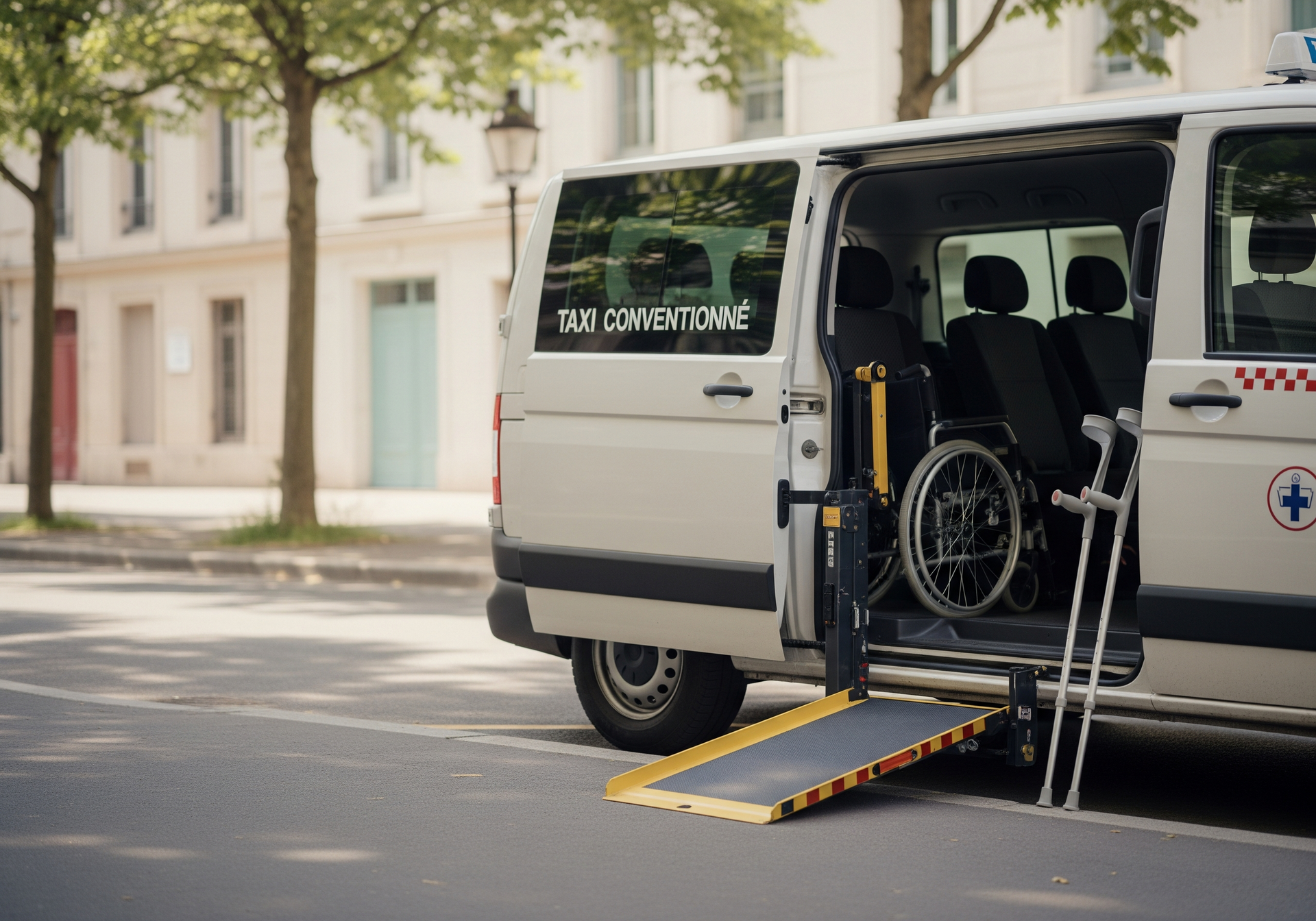 Fourgonnette blanche accessible aux fauteuils roulants, avec rampe d'accès ouverte et fauteuil roulant à l'intérieur, dans une rue de la ville