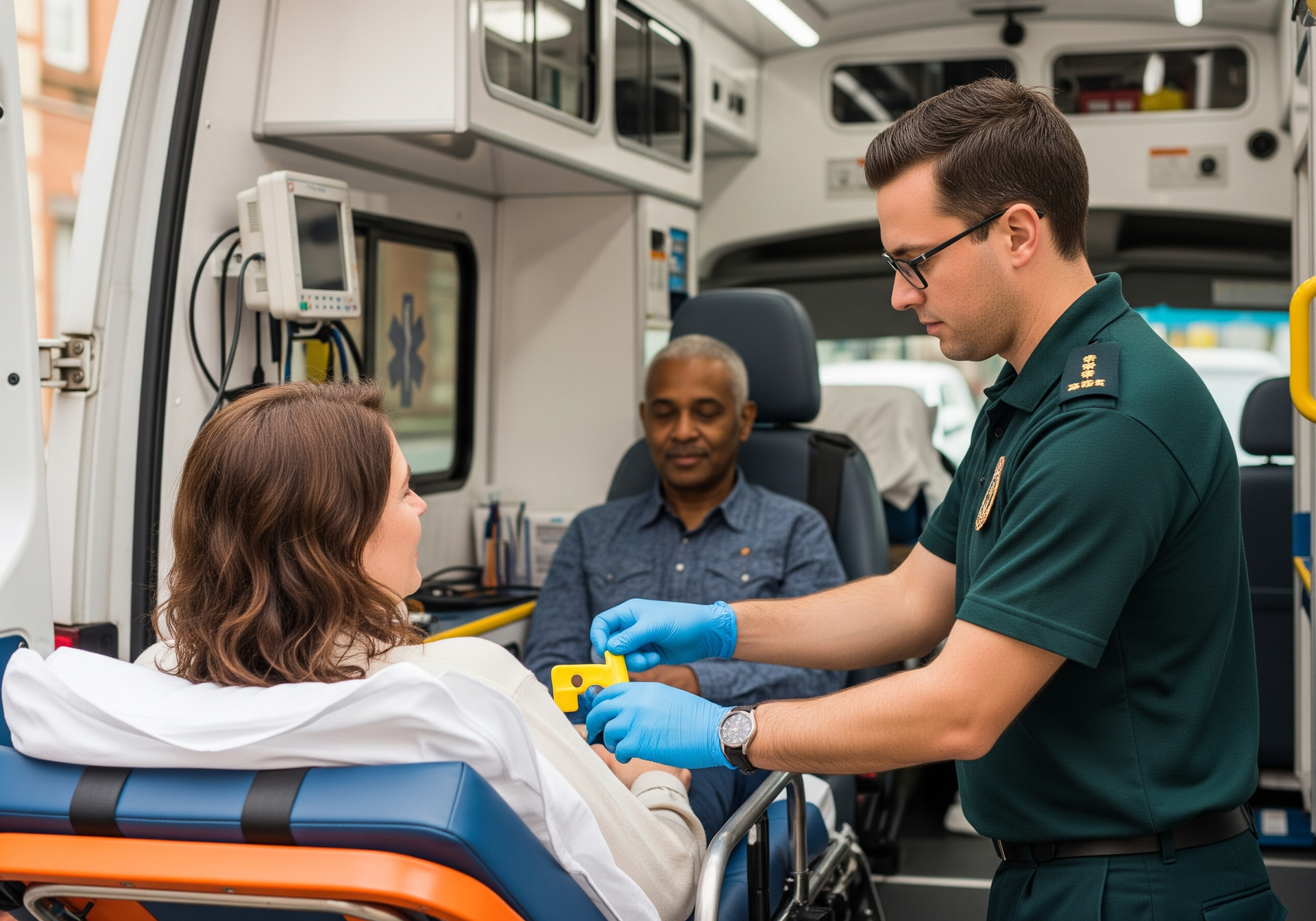 Un ambulancier soigne un patient à l'intérieur d'une ambulance tandis qu'un autre secouriste se tient à proximité.
