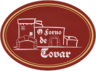 Logotipo para "O Forno de Tovar", una panader&iacute;a portuguesa, con ilustraci&oacute;n de un edificio, dise&ntilde;o ovalado.