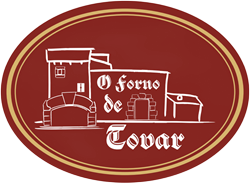 Logotipo para "O Forno de Tovar", una panader&iacute;a portuguesa, con ilustraci&oacute;n de un edificio, dise&ntilde;o ovalado.