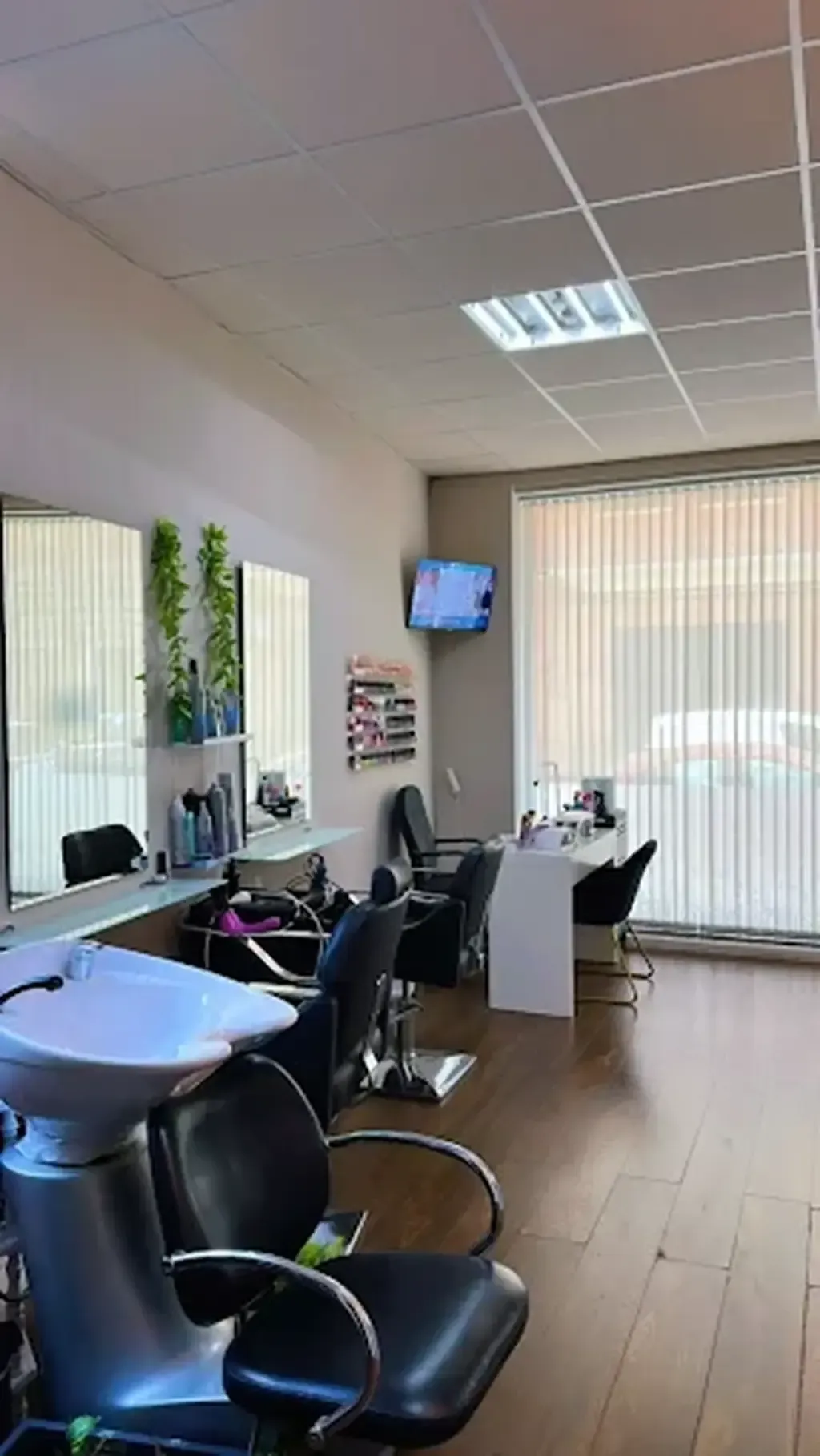 Interior de peluquería con estaciones de peinado, espejos y estación de lavado.