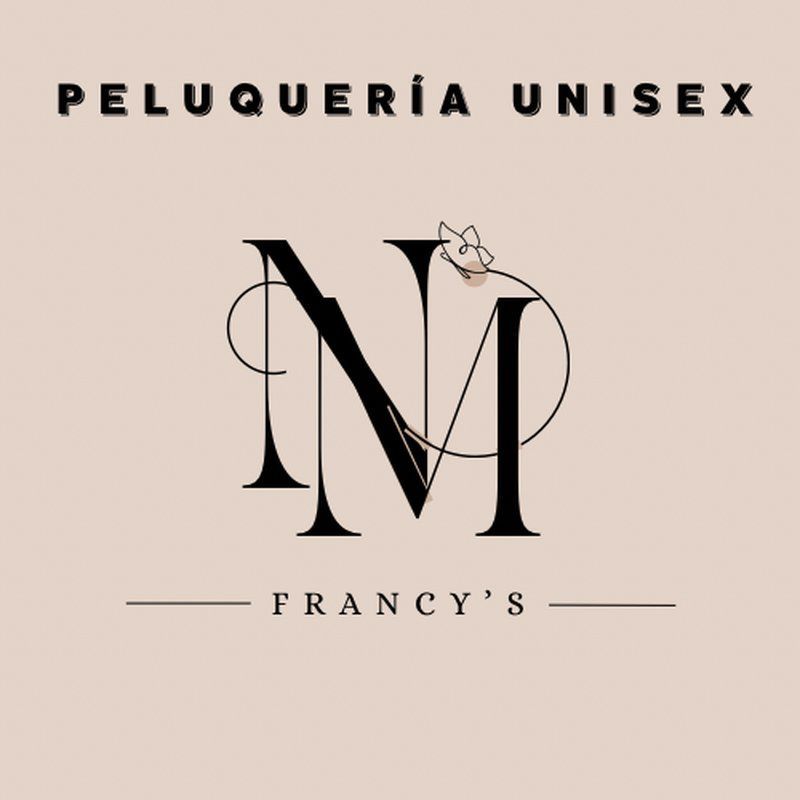 Logotipo para la peluquer&iacute;a unisex de Francy, con las iniciales "NM" estilizadas con una mariposa