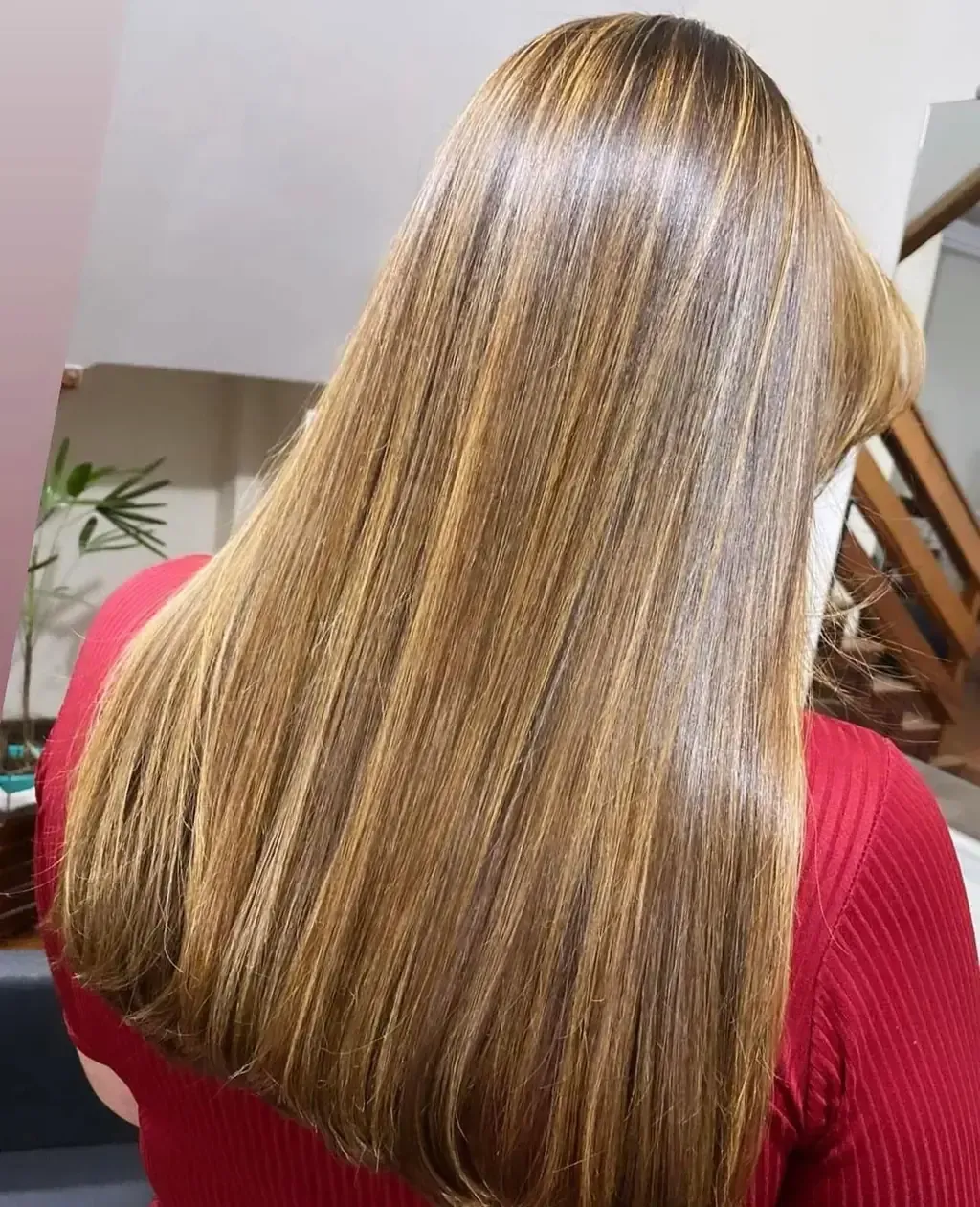 Mujer con cabello largo y liso, con reflejos. Lleva un suéter rojo.