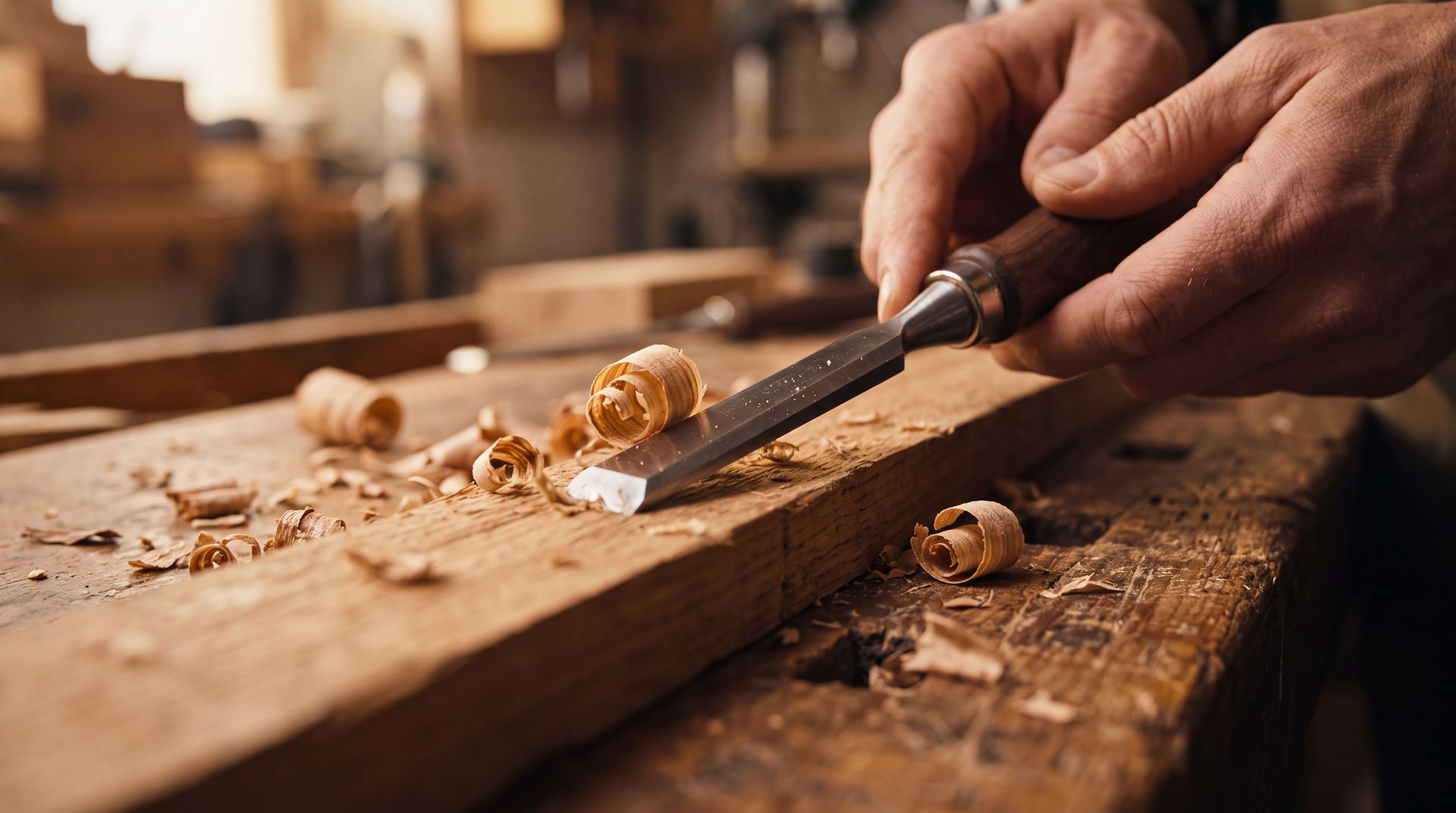 Des mains sculptant une planche en bois avec un ciseau à bois, des copeaux éparpillés sur un établi
