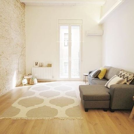 Una sala de estar con un sofá y una alfombra