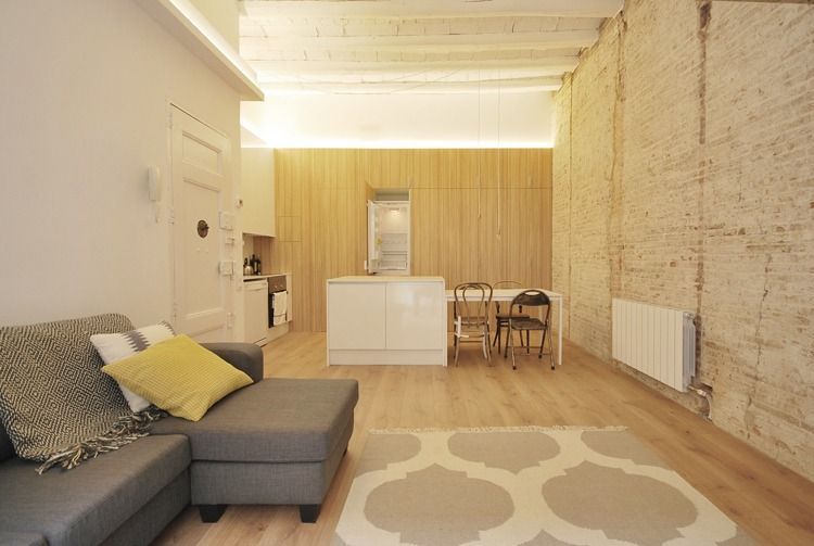 Una sala de estar con un sofá y una alfombra