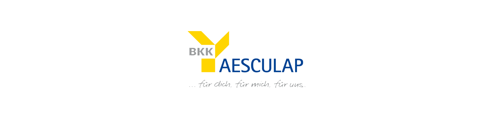 Logo der BKK Aesculap, gelb-blau gestaltet mit dem Firmennamen.