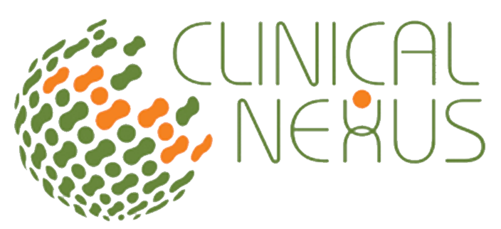 Logo für Clinical Nexus: Globus mit orangefarbenen und grünen Formen, Text „Clinical Nexus“ in Grün.