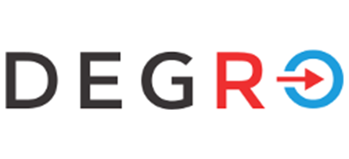 Logo für DEGR mit den Buchstaben D, E, G und R. R ist rot und ein Pfeil geht aus einem blauen Kreis hervor.