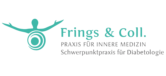 Logo für die Arztpraxis „Frings & Coll.“ mit Figuren- und Zieldesign in Blaugrün. Text in Blaugrün und Grau.
