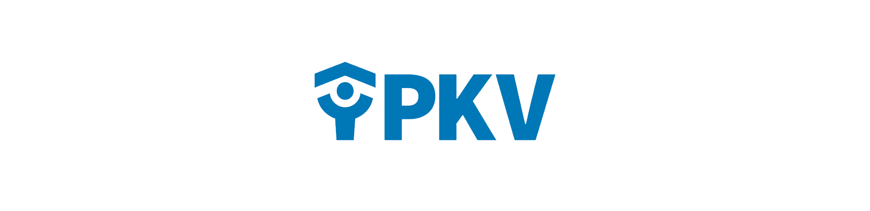 Blaues „PKV“-Logo mit einem Symbol über dem „P“, das aus einem hausförmigen Design mit einem Auge in der Mitte besteht.