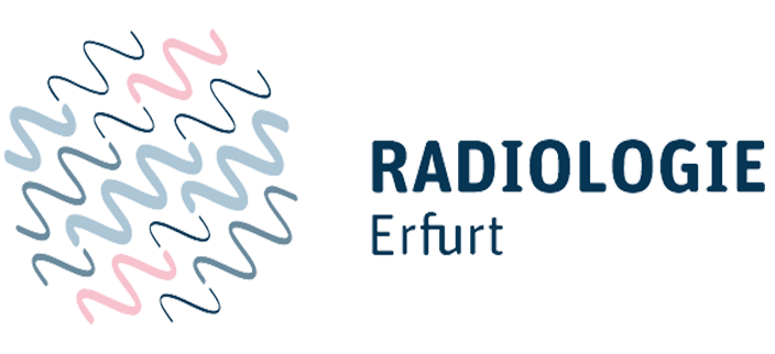 Logo der „Radiologie Erfurt“ mit Wellenlinien in Pink, Blau und Grau.