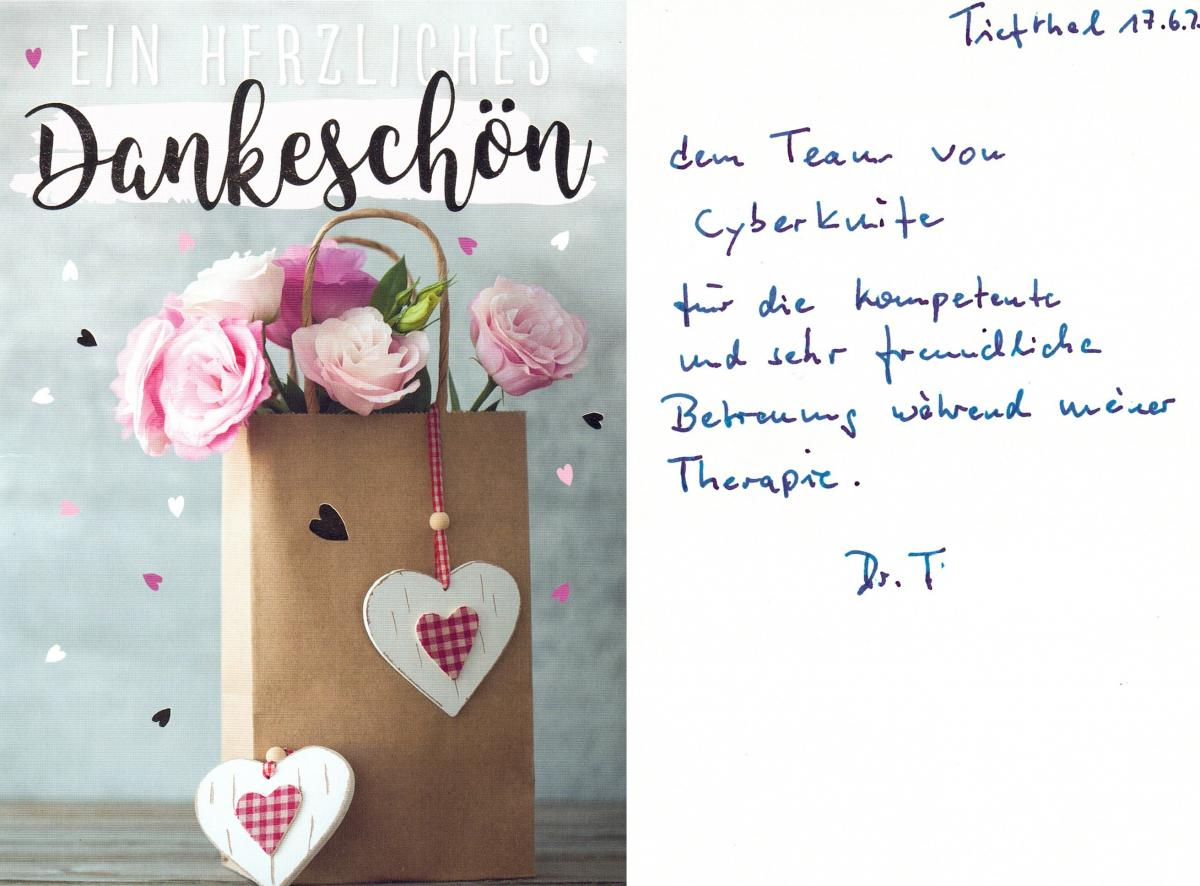 Dankeskarte mit Blumen als Dank an das Cyberknite-Team für die kompetente und freundliche Therapiebetreuung.