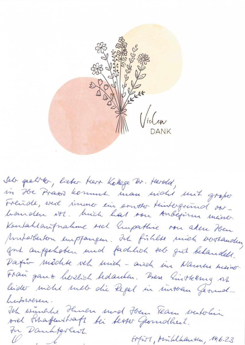 Handgeschriebener Brief mit Blumenillustration über rosa und gelben Kreisen.