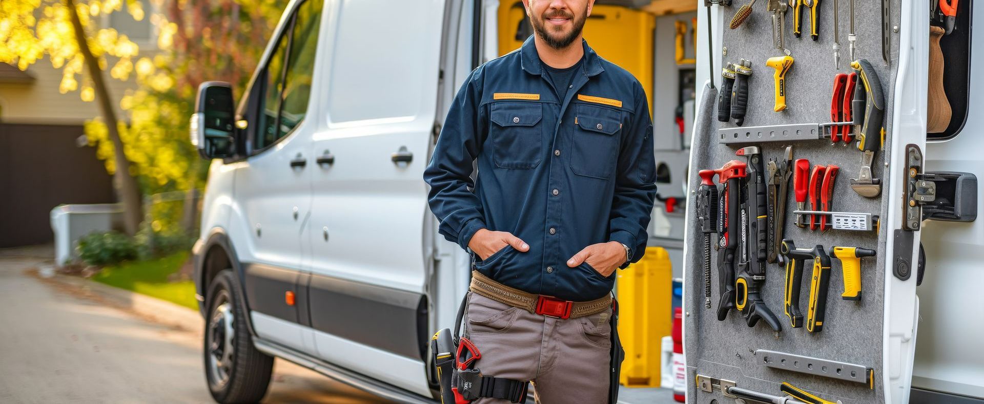Camionnette ouverte avec des outils fixés à la portière