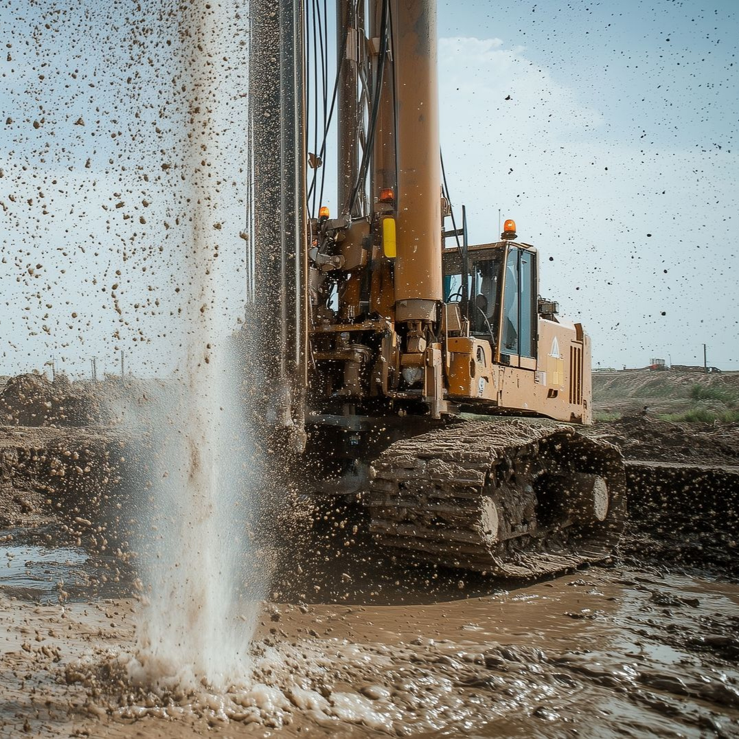Eau qui jaillit du sol à côté d'un engin agricole