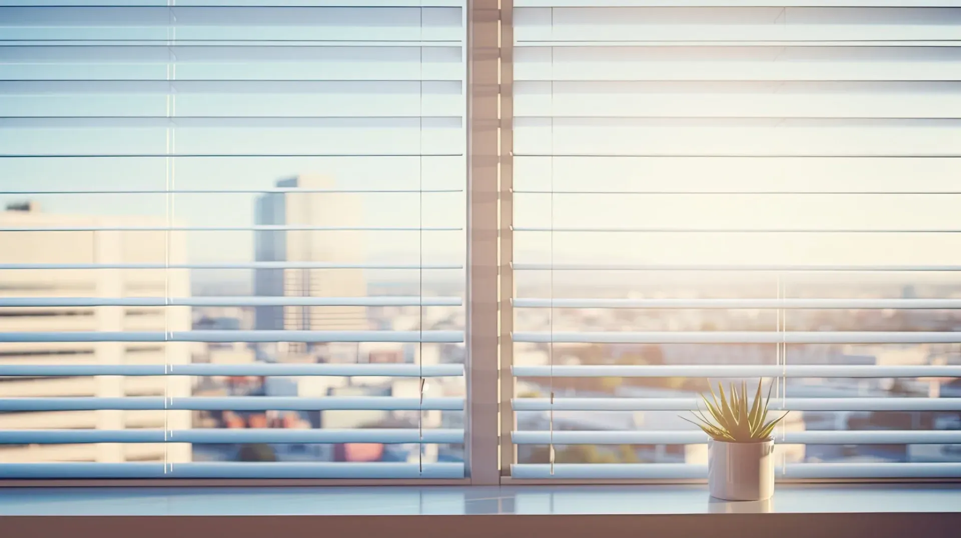 Ventana con persianas abiertas, vista del paisaje urbano, pequeña planta en maceta en el alféizar, luz solar brillante.