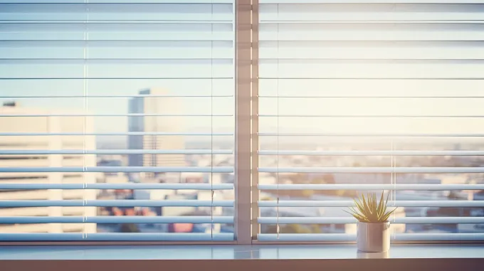 Ventana con persianas abiertas, vista del paisaje urbano, pequeña planta en maceta en el alféizar, luz solar brillante.