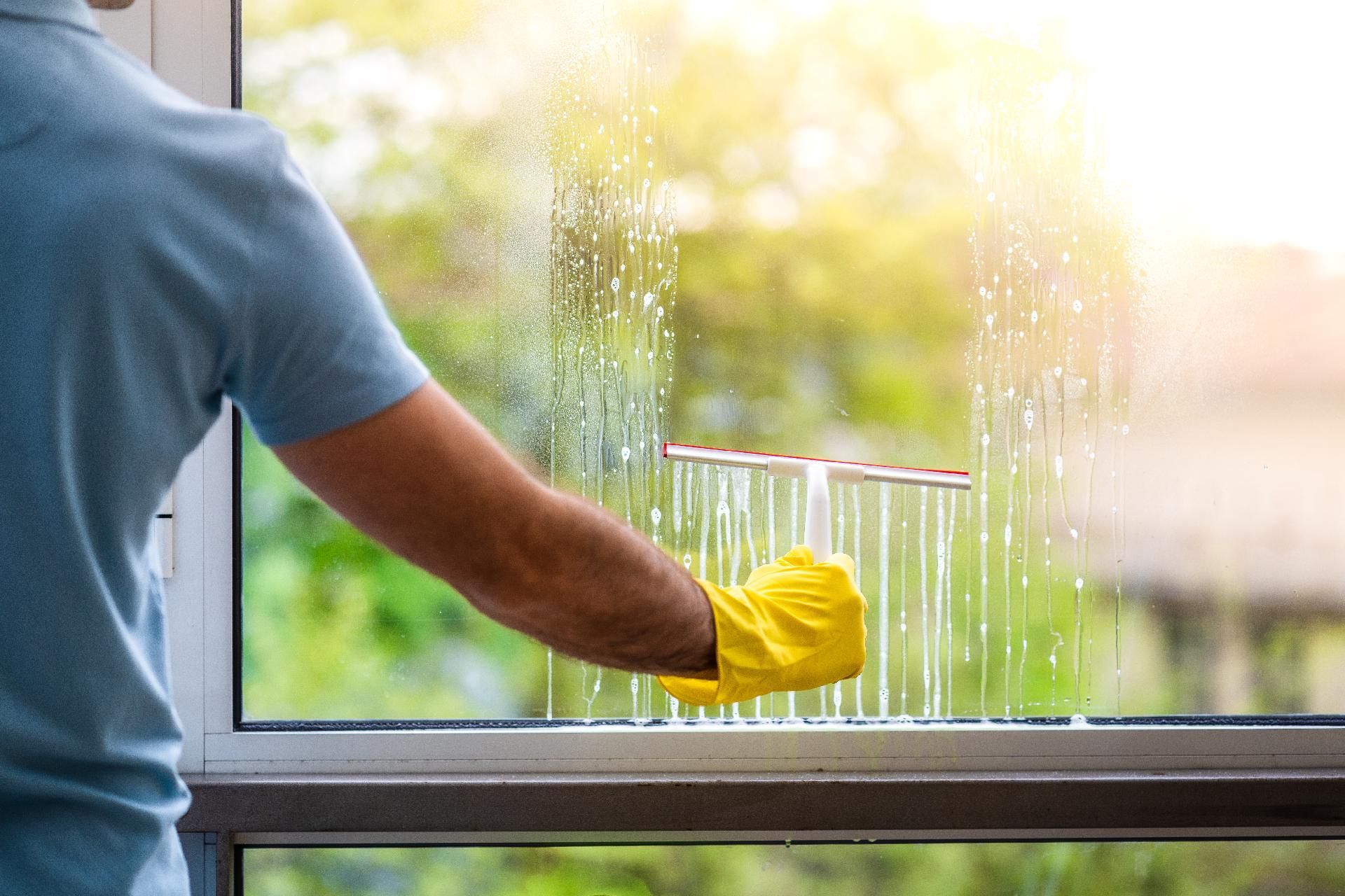 Person wischt Fenster von innen, Glasreinigung mit Reiniger und Tuch